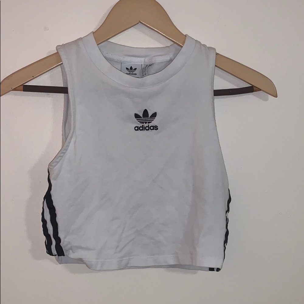 Adidas cropped white tank top with three stripes